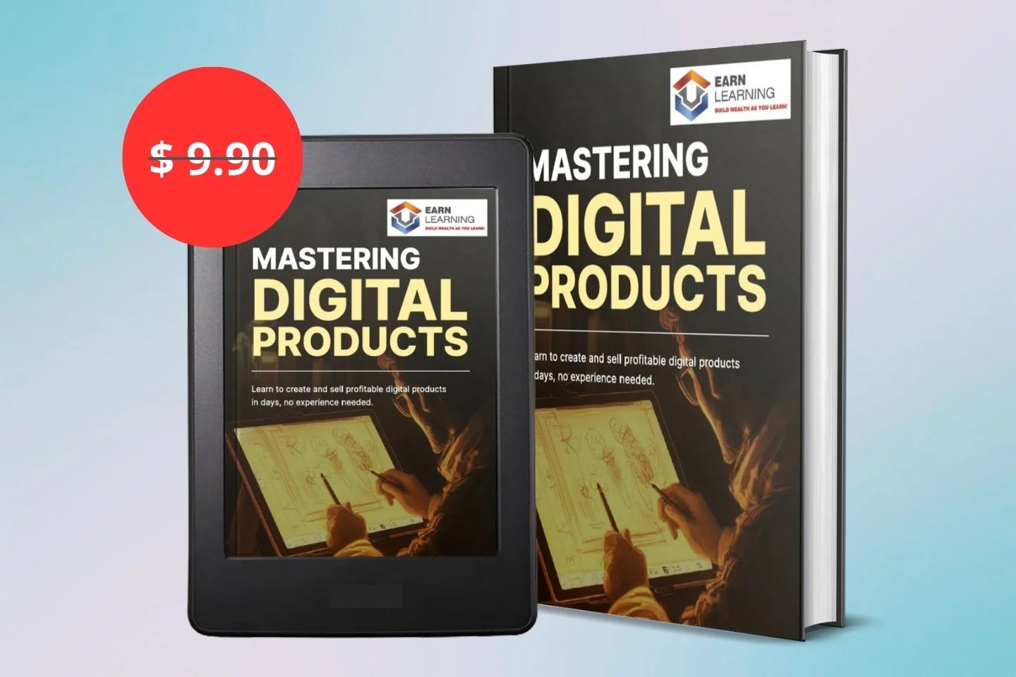Mastering Digital Products by Earn Learning – Bonus DFY eBook mockup displayed on a tablet, included in the DFY Digital Products Reseller Program 2026 bundle.